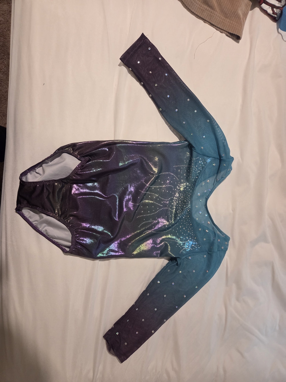 Iridescent Purple to Teal Long Sleeve Leotard with Rhinestones